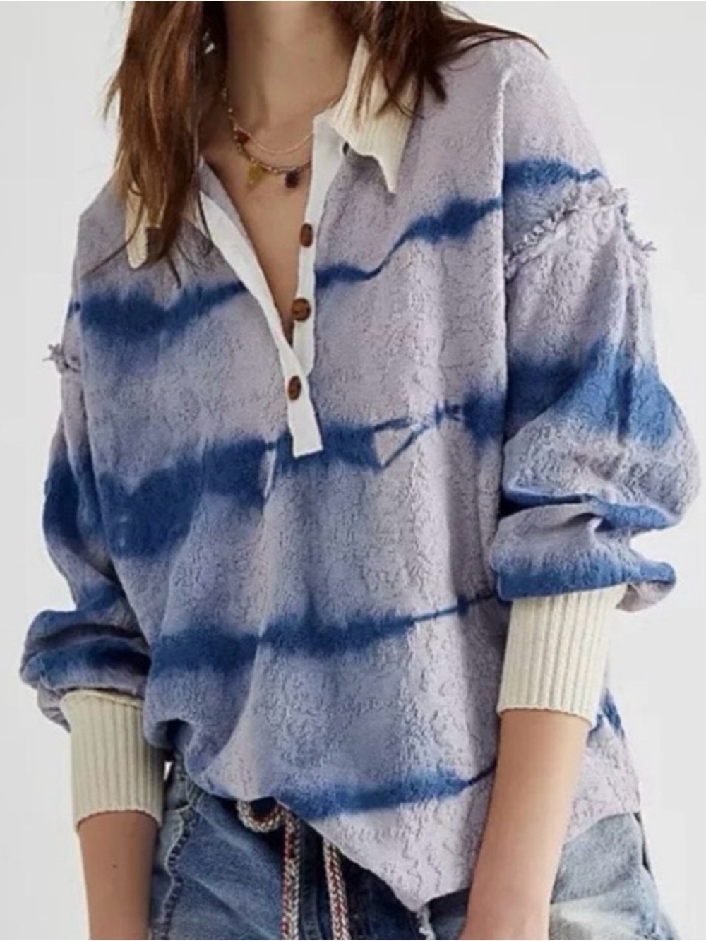 Free People Sunrise Polo Pullover Tie Dye Oversized Sweater Small